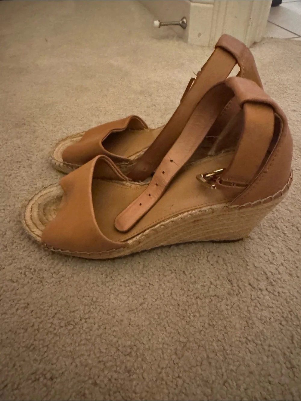 Clarks Tan Leather Espadrille Wedge Sandals with Ankle Buckle